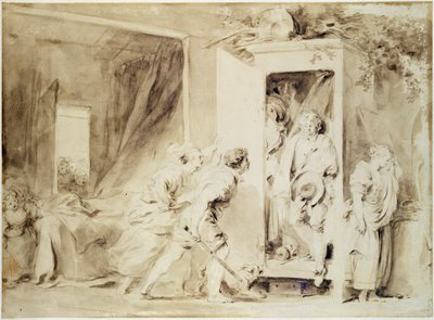 El amante sorprendido, 1755 (lápiz marrón sobre dibujo preliminar de tiza) de Jean Honore Fragonard