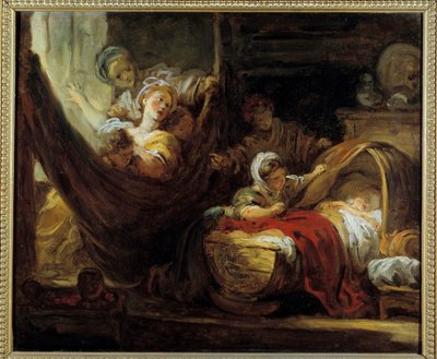 La cuna. Una madre en una hamaca rodeada de sus hijas y un bebé en una canasta de Jean Honore Fragonard