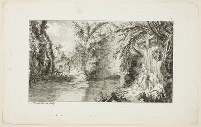 Paisaje con un caminante y una cascada, lámina 5 de la segunda suite Livre de paysages (Libro de paisajes) de Jean Hoüel
