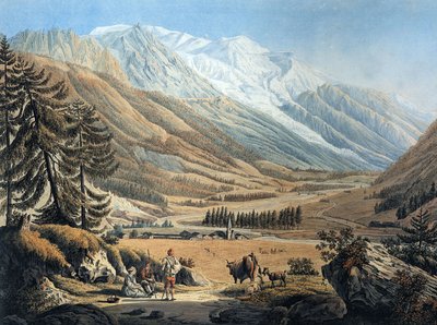 Vista del valle de Chamonix, desde el pueblo de Argentiere, por Jean Daniel Huber durante un viaje hacia 1785 (grabado) de Jean Huber
