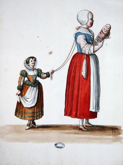 Dos Niñas Jóvenes, diseño de vestuario teatral para las celebraciones y fiestas de Luis XIV de Jean I  Berain