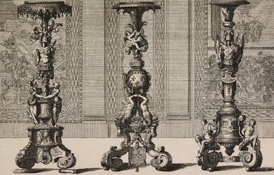 Grandes candelabros de bronce, grabado de Jean Berain (1640-1711) de L