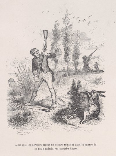 Mientras los últimos granos de polvo caen en la palma de su mano ennegrecida, una liebre magnífica..., 1843 de Jean Ignace Isidore Gérard