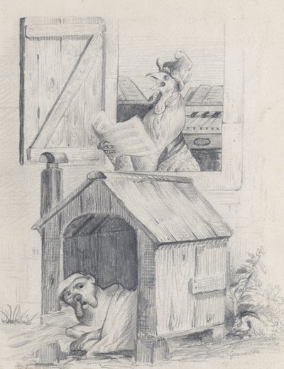 Perro en la caseta, gallo cantando en la ventana, ca. 1842 de Jean Ignace Isidore Gérard
