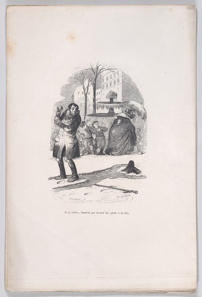 Se levanta, cubierto de pies a cabeza de nieve. de las Pequeñas Miserias de la Vida Humana, 1843 de Jean Ignace Isidore Gérard
