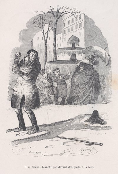 Se levanta, cubierto de pies a cabeza de nieve. de las Pequeñas Miserias de la Vida Humana de Jean Ignace Isidore Gérard
