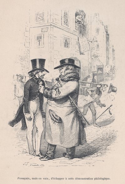 Intenté escapar de esta discusión filológica. de las Pequeñas Miserias de la Vida Humana, 1843 de Jean Ignace Isidore Gérard