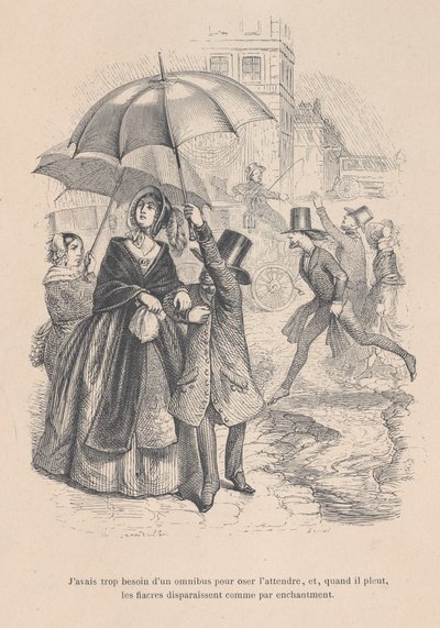 Necesitaba demasiado un ómnibus, pero tan pronto como empieza a llover, todos parecen d..., 1843 de Jean Ignace Isidore Gérard