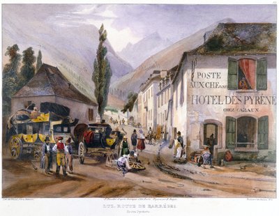 Llegada y Reparación de una Diligencia en Luz en el Camino a Barreges, c.1840 de Jean Jacottet