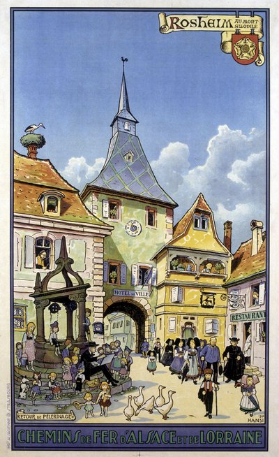 Regreso de la peregrinación del Monte Sainte Odile a Rosheim - Cartel de los ferrocarriles de Alsacia y Lorena, por Hansi de Jean Jacques (1873 1951) Waltz