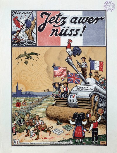 La gran barredora franco-estadounidense Uno de la revista "Jetz awer nuss" que representa un tanque de asalto de los aliados que persigue a los alemanes de Alsacia al final de la Segunda Guerra de Jean Jacques (1873 1951) Waltz