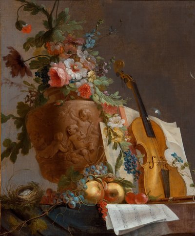 Naturaleza muerta con flores y un violín, c. 1750 de Jean Jacques Bachelier