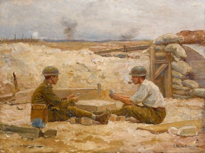 Dos oficiales británicos jugando a las cartas fuera de su refugio, Secteur de Bapaume, 1918-20 de Jean Jacques Berne Bellecour