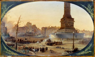 Revolución de 1848: Vista de la Plaza de la Bastilla y la barricada de la entrada del Faubourg Saint Antoine el 25/06/1848 de Jean Jacques Champin