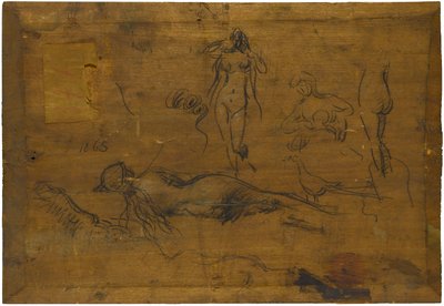 Fillette au ruban bleu (anverso) / Cinco desnudos, un pavo real y una cabeza de perfil (reverso) de Jean Jacques Henner