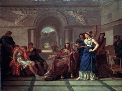 Helen reconociendo a Telémaco, hijo de Odiseo (Helen reconociendo a Telémaco, hijo de Odiseo). Escena de la mitología griega, en la Odisea de Homero (finales del siglo VIII a. C.). Pintura de Jean Jacques Lagrenee (1739-1821), óleo sobre madera de Jean Jacques II Lagrenee