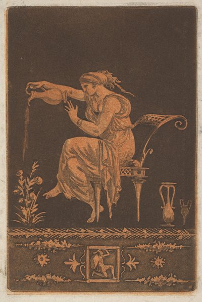 Joven mujer drapeada, sentada, regando una planta de Jean Jacques Lagrenee