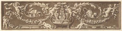 Friso ornamental con putti, hojas de acanto y guirnaldas de frutas, de Recueil de Diff de Jean Jacques Lagrenee