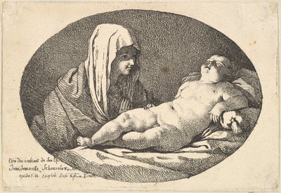 La Virgen a la izquierda observando al niño Cristo mientras duerme, una composición ovalada, después de..., 1760-63 de Jean Jacques Lagrenee