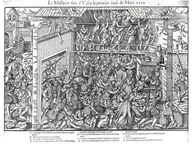 La masacre de la población protestante por las tropas del Duque de Guisa en Wassy-sur-Blaise, 1 de marzo de 1562, grabado por Jacques Tortorel (1568-92) de Jean Jacques Perrissin