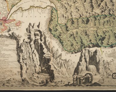 Un nuevo mapa de Suiza con los cantones y asuntos públicos más famosos y poderosos de la religión reformada de Tigurina, Berna, Glarus, Basilea, Scafusiana, Abbot Cellana, detalle, c.1712 (impresión coloreada a mano) de Jean Jacques Scheuchzer