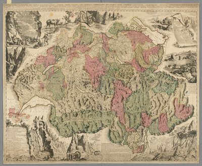 Un nuevo mapa de Suiza con los cantones más famosos y poderosos y los asuntos públicos de la religión reformada de Tigurina, Berna, Glarus, Basilea, Scafusiana, Abbot Cellana, c.1712 (impresión coloreada a mano) de Jean Jacques Scheuchzer