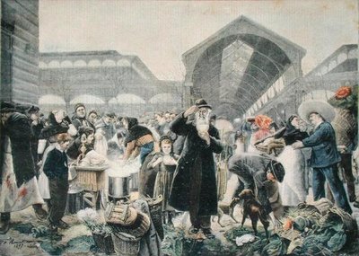 Puesto de sopa en el mercado de Les Halles por la mañana, ilustración de Le Petit Journal, 2 de marzo de 1897, grabado por Fortune-Louis Meaulle (1844-1901) de Jean Jacques after Rousseau