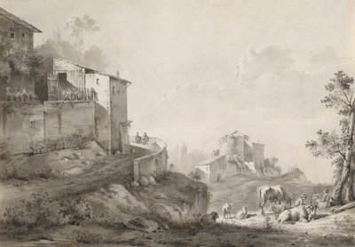 Un paisaje soleado con casas en la cima de una colina de Jean Jacques de Boissieu