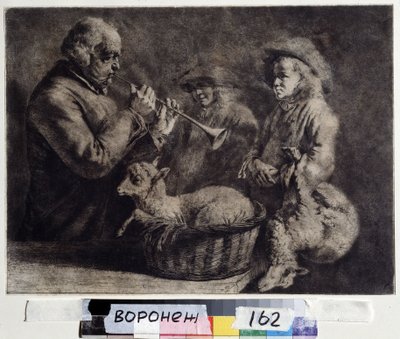 ""El oboísta"" (oboist) Un músico tocando el oboe frente a dos pastores. Xilografía por Jean Jacques de Boissieu (1736-1810) 1772 Ivan Kramskoy (o Kramskoi) Museo de Bellas Artes de Voronezh (Voronezh), Rusia. de Jean Jacques de Boissieu