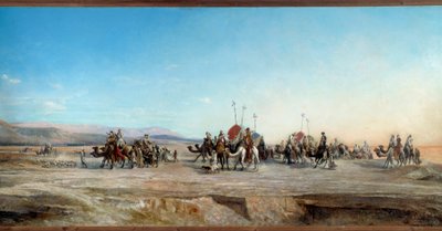 Buscando un campamento caravanas de nómadas y camellos en el desierto. Pintura de Jean Joseph Bellel (1816-1898) siglo XIX Montpellier, Museo Fabre - Buscando un campamento. Caravanas de nómadas y camellos en el desierto. Pintura de Jean Joseph Bellel (181 de Jean Joseph Bellel