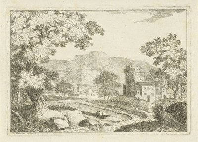 Paisaje fluvial con casas y torres. de Jean Joseph Hanson