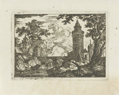 Torre y puente de piedra en un paisaje de montaña de Jean Joseph Hanson