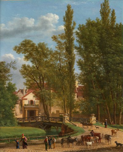 Aldeanos y animales en un paisaje junto a un puente a la entrada de un pueblo de Jean Joseph Xavier Bidauld