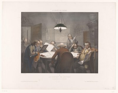 Gabinete de lectura con hombres lectores en una mesa redonda Le cabinet de conference / The Reading Club / Das Lescabinet (título sobre el objeto) Museo de las Risas (título de la serie) Le musée des rieurs (título de la serie sobre el objeto) de Jean Julien Jacott