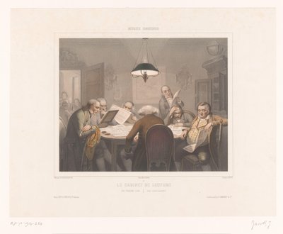 Siete hombres leyendo en una mesa Le gabinete de conferencia / El club de lectura / Das lesecabinet (título sobre objeto) Representaciones de actividades especiales (título de la serie) Musée omnibus (título de serie sobre objeto) de Jean Julien Jacott