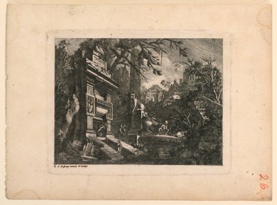 Fantasía Arquitectónica con Tumba y Ruinas, Placa de "Rovine Inventione de Giovan. Loren, Legeay Architet. Intagliate da lui stesso in Luce 1768" de Jean Laurent Legeay