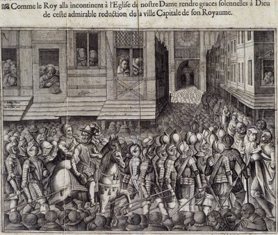 Entrada de Enrique IV (1553 - 1610) en París el 22 de marzo de 1594 y yendo a la Catedral de Notre Dame para asistir a misa - Grabado por Jean Lecler, después de Bollery, Museo de Notre Dame de París de Jean Leclerc