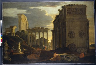 Vista caprichosa con figuras junto a un arco triunfal y los Templos de Saturno y Júpiter Tonante de Jean Lemaire