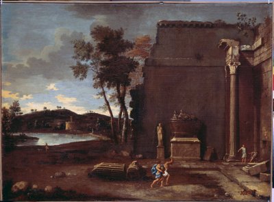 Paisaje con sarcófago. Pintura de Jean Le Maire (1597-1659). Arte francés, óleo sobre lienzo. Museo del Hermitage, San Petersburgo de Jean Lemaire