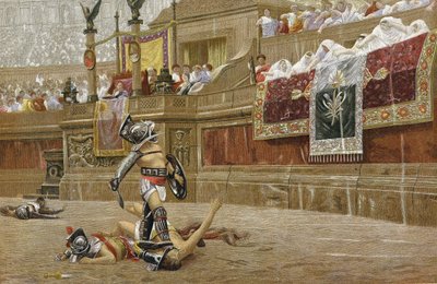 Gladiadores en la arena romana: los espectadores dan el "pulgar hacia abajo", señalando al vencedor que no perdone a su adversario. Cromolitografía según el cuadro de JL Gerome. de Jean Leon Gerome