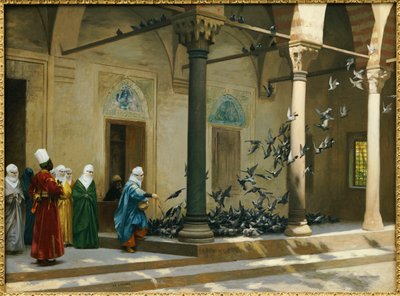 Mujeres del Harén Alimentando Palomas en un Patio de Jean Leon Gerome
