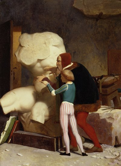 Miguel Ángel (1475-1564) mostrando a un estudiante el Torso Belvedere, 1849 de Jean Leon Gerome