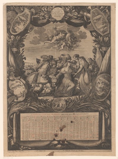 Calendario de 1659: Alegoría sobre la sumisión de Flandes a Luis XIV Calendario anterior a 1659: Alegoría de la rendición de Flandes a Luis XIV Almanach, pour l