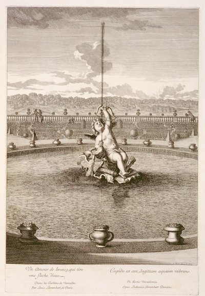 Fuente con cupido disparando una flecha de chorro de agua, diseñada por Louis Lerambert, en Versalles de Jean Lepautre