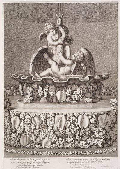 Fuente con dos cupidos y un cisne, diseñada por Jean-Baptiste Tuby, en Versalles de Jean Lepautre