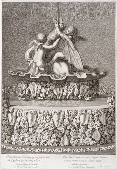 Fuente con dos cupidos jugando con un grifo, por Benoit Massou, en Versalles de Jean Lepautre