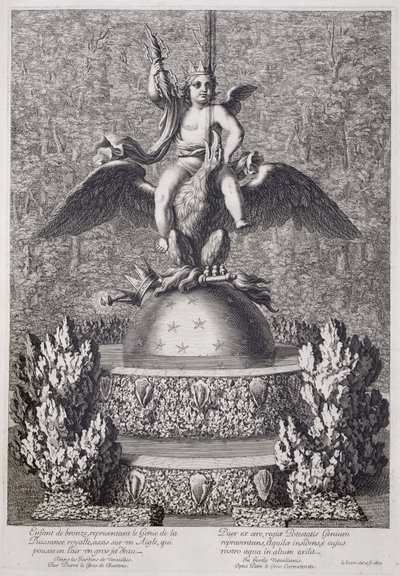 Fuentes con un niño representando el Genio del Poder Real por Pierre le Gros, en Versalles de Jean Lepautre