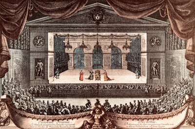 "Le malade imaginaire" (El enfermo imaginario) de Jean Baptiste Poquelin dit Molière en Versalles (grabado en color) de Jean Lepautre