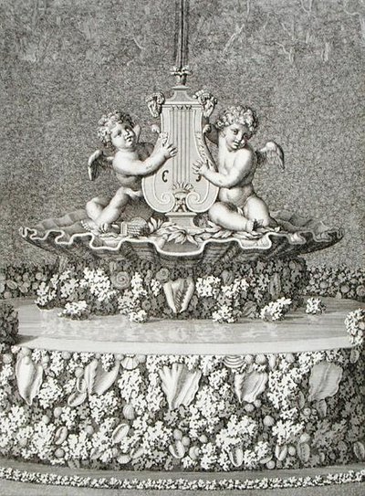 Dos Cupidos sosteniendo una lira, una fuente en Versalles de Jean Lepautre