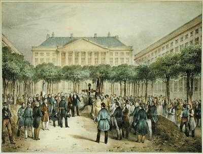 Entierro de los revolucionarios en la Plaza de los Mártires de la Libertad, Bruselas, 2 de octubre de 1830, grabado por A.M. Jobard (fl.1820-20) de Jean Louis (after) Van Hemelryck